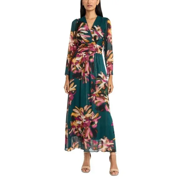 Maggy London Floral-Print Maxi Dress MSRP 12 / Teal/Pink/Power